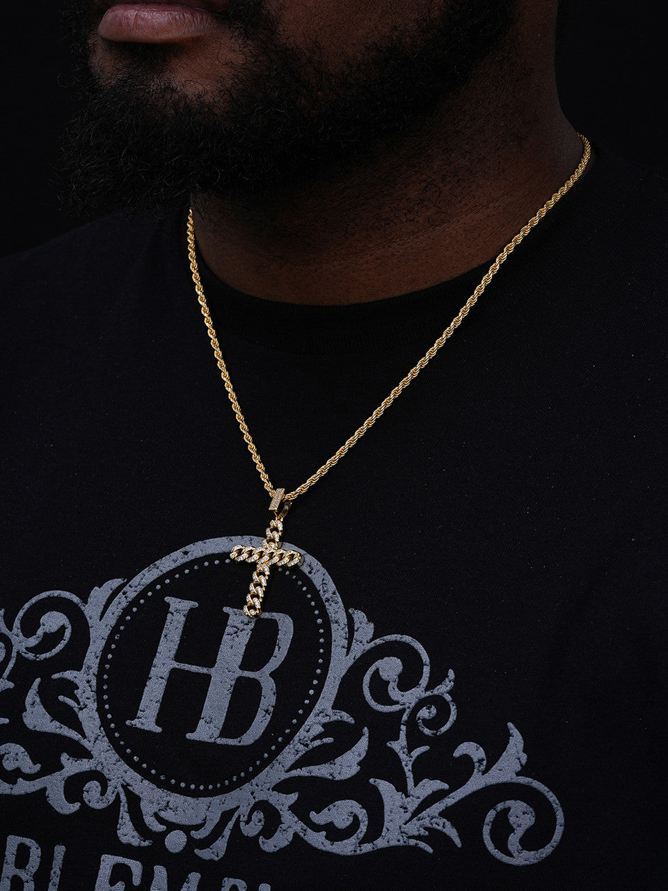 Cuban Link Unique Bust Down Cross Pendant - 14k Gold Vermeil Or 925 Silver - CZ Stones - Medium 2"