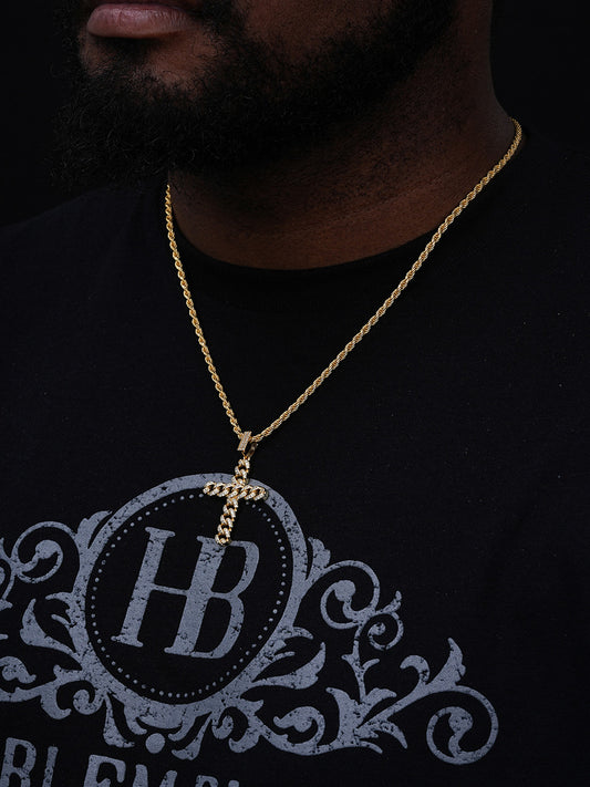 Cuban Link Unique Bust Down Cross Pendant - 14k Gold Vermeil Or 925 Silver - CZ Stones - Medium 2"