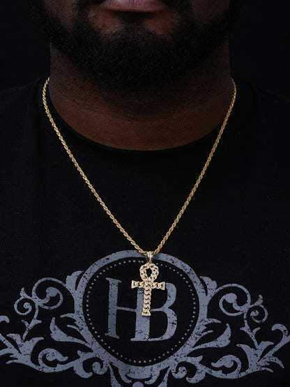 Ankh Cuban Link Cross Pendant - 14k Gold Vermeil Or 925 Silver - CZ Stones - Medium 2"
