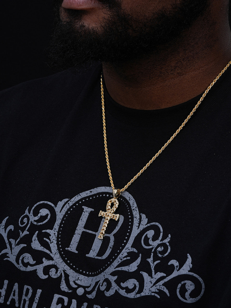 Ankh Cuban Link Cross Pendant - 14k Gold Vermeil Or 925 Silver - CZ Stones - Medium 2"