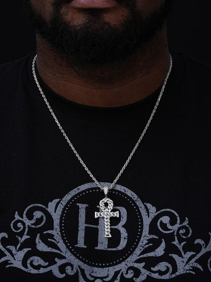 Ankh Cuban Link Cross Pendant - 14k Gold Vermeil Or 925 Silver - CZ Stones - Medium 2"