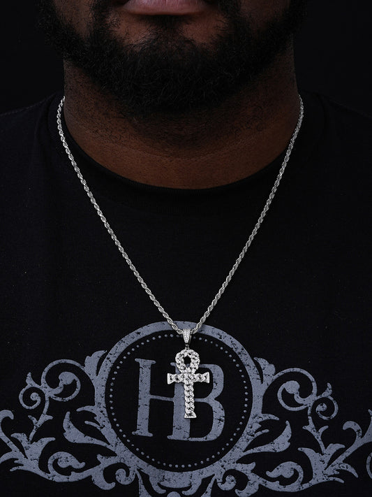 Ankh Cuban Link Cross Pendant - 14k Gold Vermeil Or 925 Silver - CZ Stones - Medium 2"