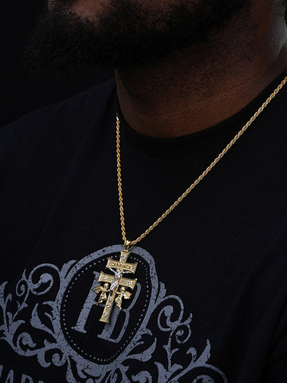 Caravaca Cross Double Crucifix Pendant - 14k Gold Vermeil & 925 Silver - CZ Stones - Large 3"
