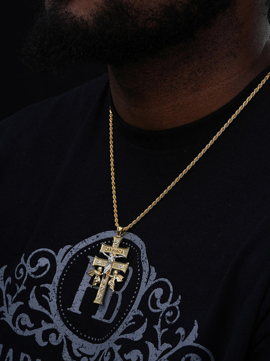 Caravaca Cross Double Crucifix Pendant - 14k Gold Vermeil & 925 Silver - CZ Stones - Large 3"