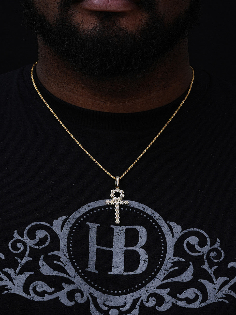 Ankh Tennis Iced Out Cross Pendant - 14k Yellow Gold Vermeil Or 925 Silver - CZ Stones - Medium 2"