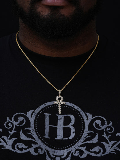 Ankh Tennis Iced Out Cross Pendant - 14k Yellow Gold Vermeil Or 925 Silver - CZ Stones - Medium 2"
