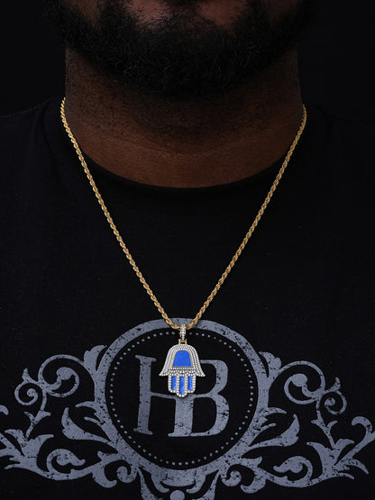 Blue Hamsa Hand Iced Out Hip Hop Pendant - 14k Gold Vermeil Or 925 Silver - CZ Stones - Medium 1.75"