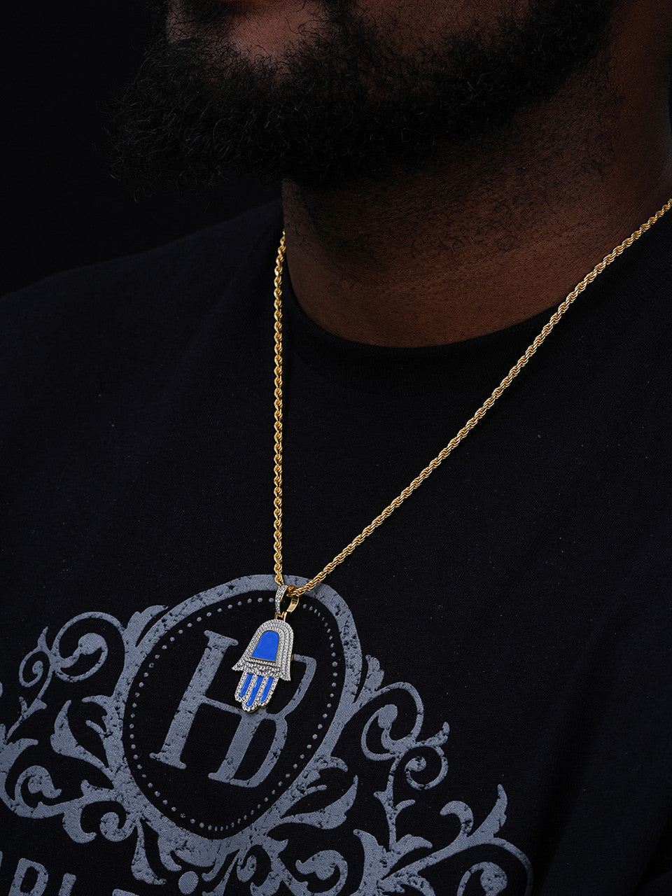 Blue Hamsa Hand Iced Out Hip Hop Pendant - 14k Gold Vermeil Or 925 Silver - CZ Stones - Medium 1.75"