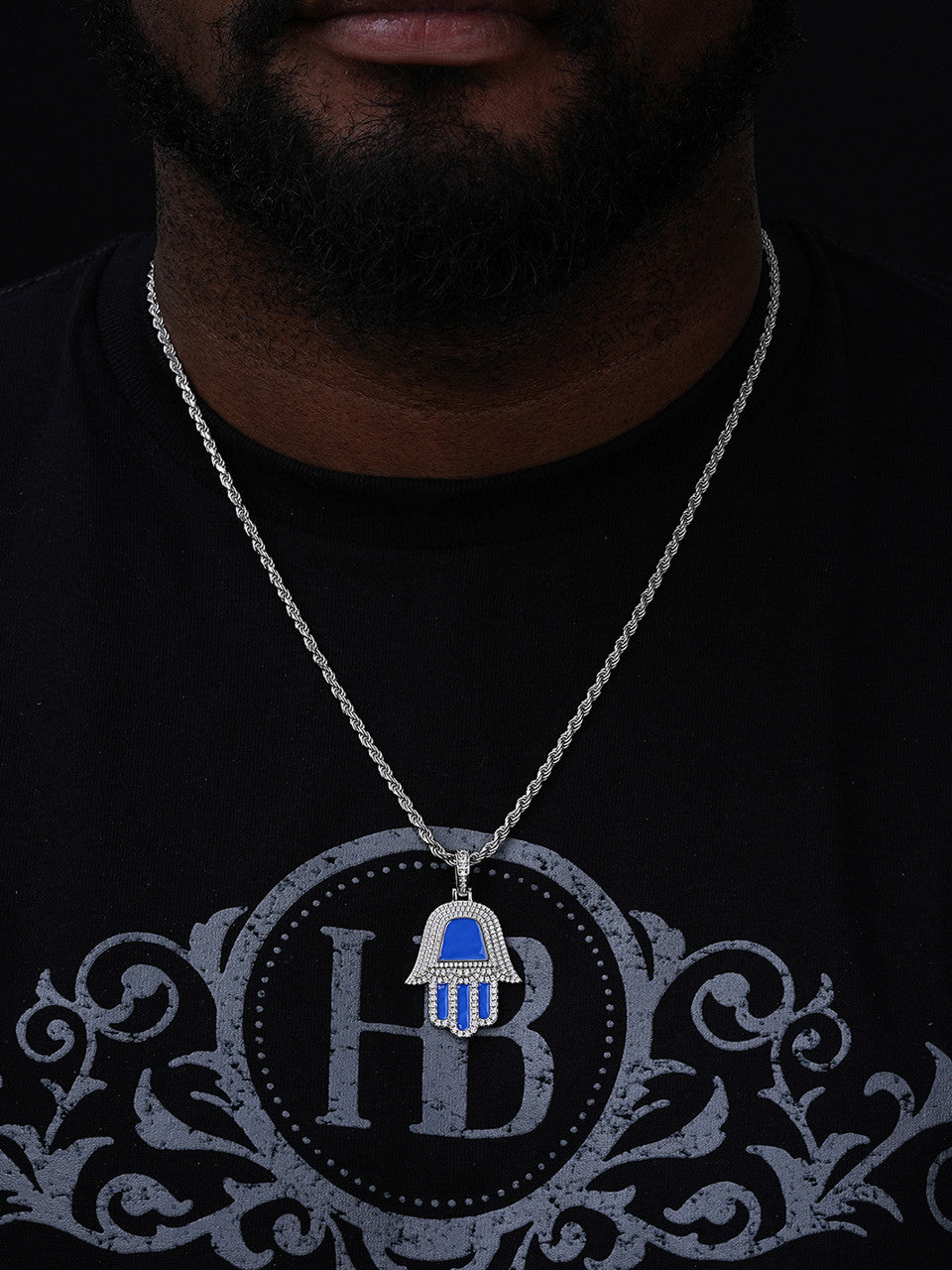 Blue Hamsa Hand Iced Out Hip Hop Pendant - 14k Gold Vermeil Or 925 Silver - CZ Stones - Medium 1.75"