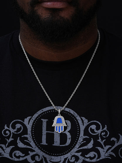 Blue Hamsa Hand Iced Out Hip Hop Pendant - 14k Gold Vermeil Or 925 Silver - CZ Stones - Medium 1.75"