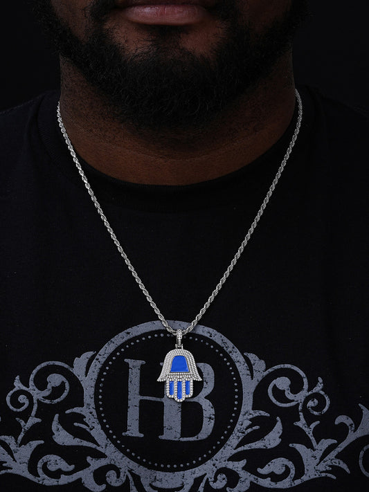 Blue Hamsa Hand Iced Out Hip Hop Pendant - 14k Gold Vermeil Or 925 Silver - CZ Stones - Medium 1.75"