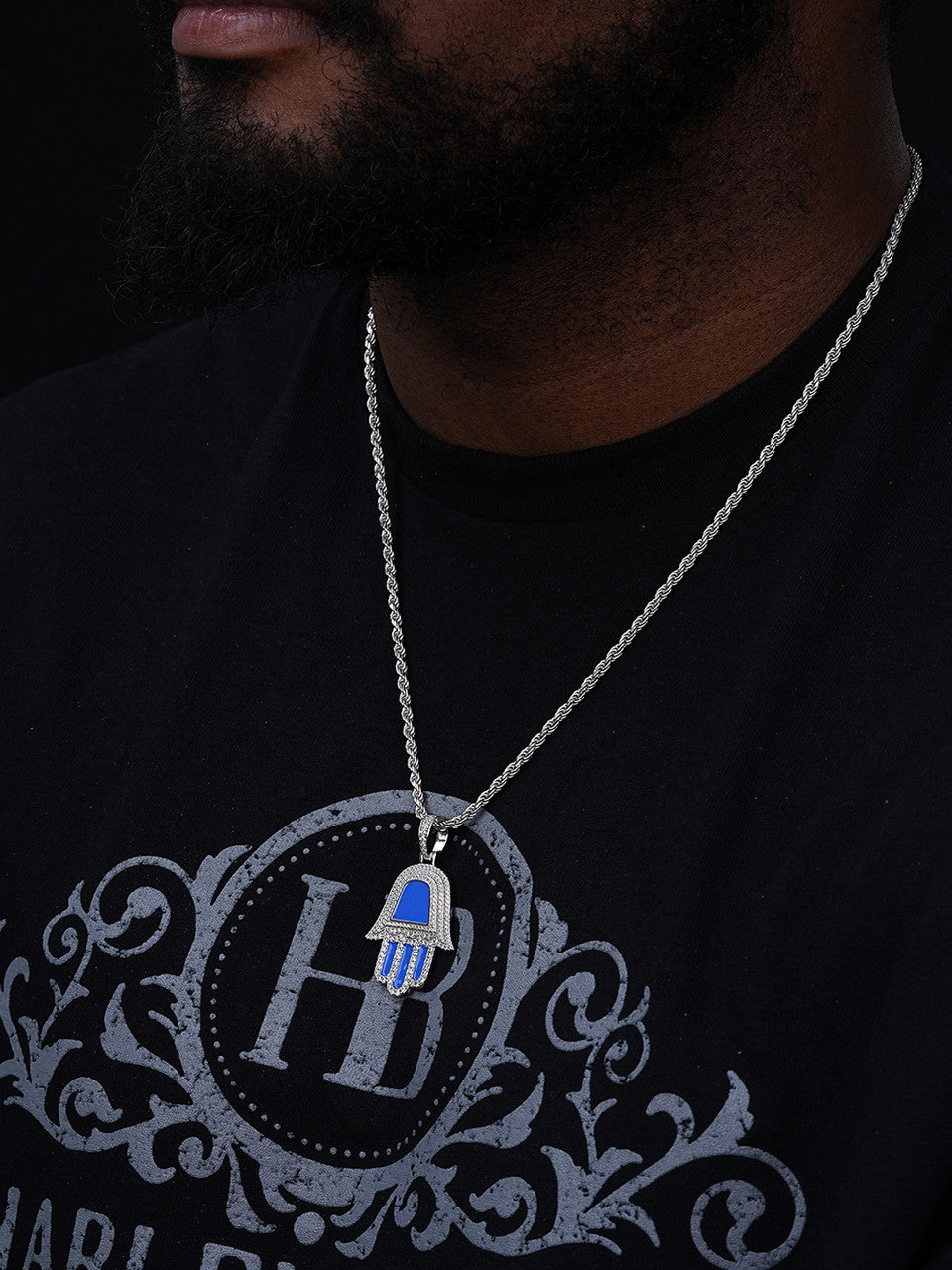 Blue Hamsa Hand Iced Out Hip Hop Pendant - 14k Gold Vermeil Or 925 Silver - CZ Stones - Medium 1.75"