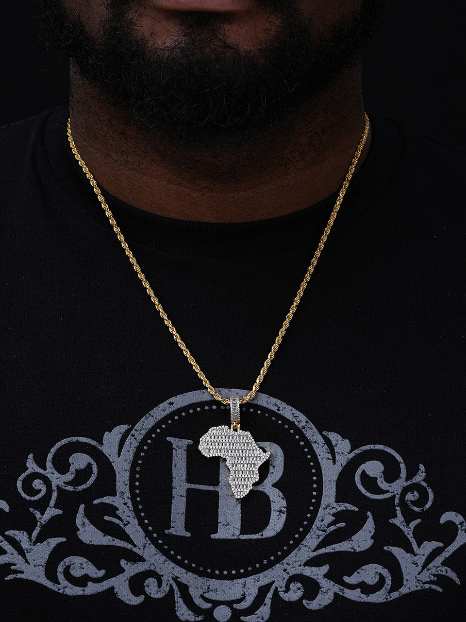 Africa Map Shape Iced Baguette Pendant - 14k Gold Vermeil Or 925 Silver - CZ Stones - Medium 2"