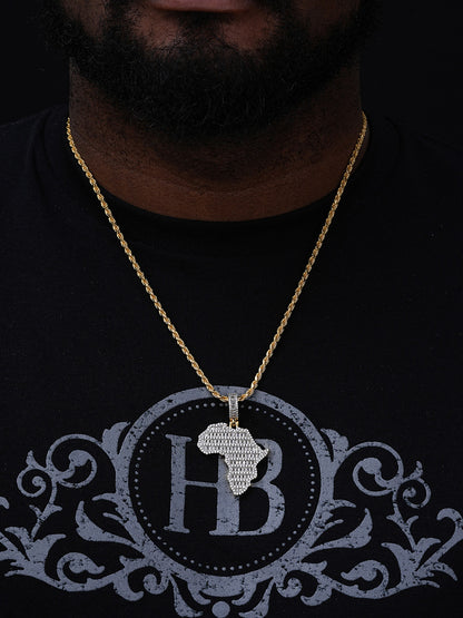 Africa Map Shape Iced Baguette Pendant - 14k Gold Vermeil Or 925 Silver - CZ Stones - Medium 2"