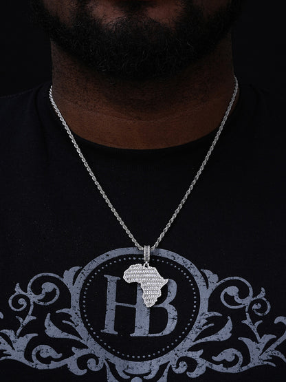 Africa Map Shape Iced Baguette Pendant - 14k Gold Vermeil Or 925 Silver - CZ Stones - Medium 2"