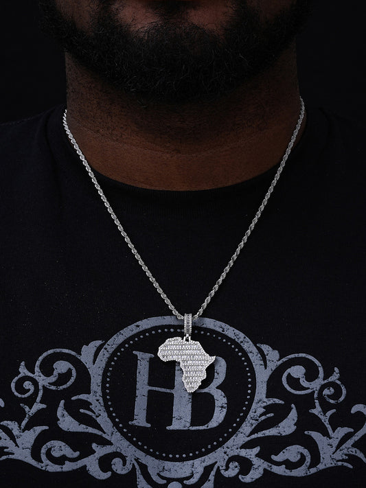 Africa Map Shape Iced Baguette Pendant - 14k Gold Vermeil Or 925 Silver - CZ Stones - Medium 2"