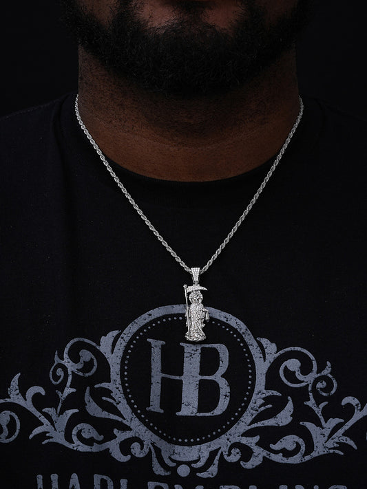 Santa Muerte Grim Reaper Death Icy Pendant - 14k Gold Vermeil Or 925 Silver - CZ Stones - Medium 2"