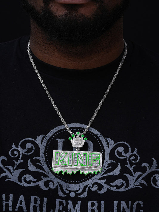 Glow In The Dark KING Crown Pendant - 14k Gold Vermeil Or 925 Silver - CZ Stones - Large 3"