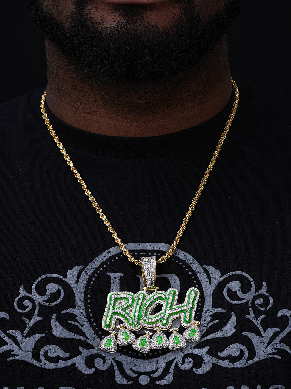 Glow In Dark RICH Money Bag $ Hip Hop Pendant - 14k Gold Vermeil Or 925 Silver - CZ Stones - Large 3"