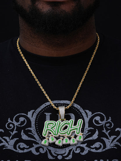 Glow In Dark RICH Money Bag $ Hip Hop Pendant - 14k Gold Vermeil Or 925 Silver - CZ Stones - Large 3"