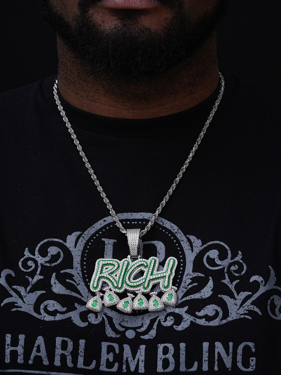 Glow In Dark RICH Money Bag $ Hip Hop Pendant - 14k Gold Vermeil Or 925 Silver - CZ Stones - Large 3"