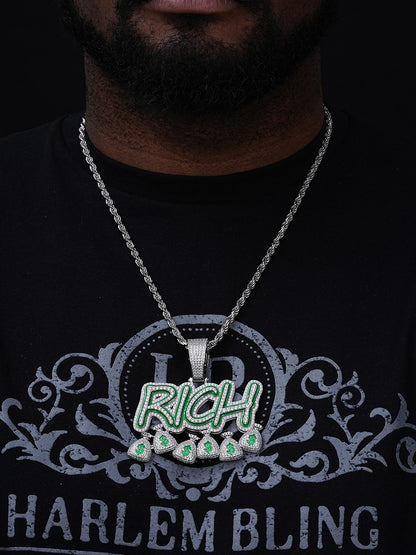 Glow In Dark RICH Money Bag $ Hip Hop Pendant - 14k Gold Vermeil Or 925 Silver - CZ Stones - Large 3"