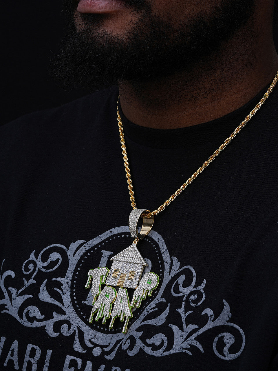 Glow In Dark HOUSE TRAP Hip Hop Pendant - 14k Gold Vermeil Or 925 Silver - CZ Stones - Huge 4"