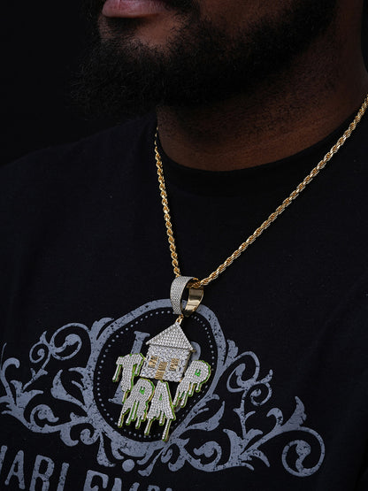 Glow In Dark HOUSE TRAP Hip Hop Pendant - 14k Gold Vermeil Or 925 Silver - CZ Stones - Huge 4"