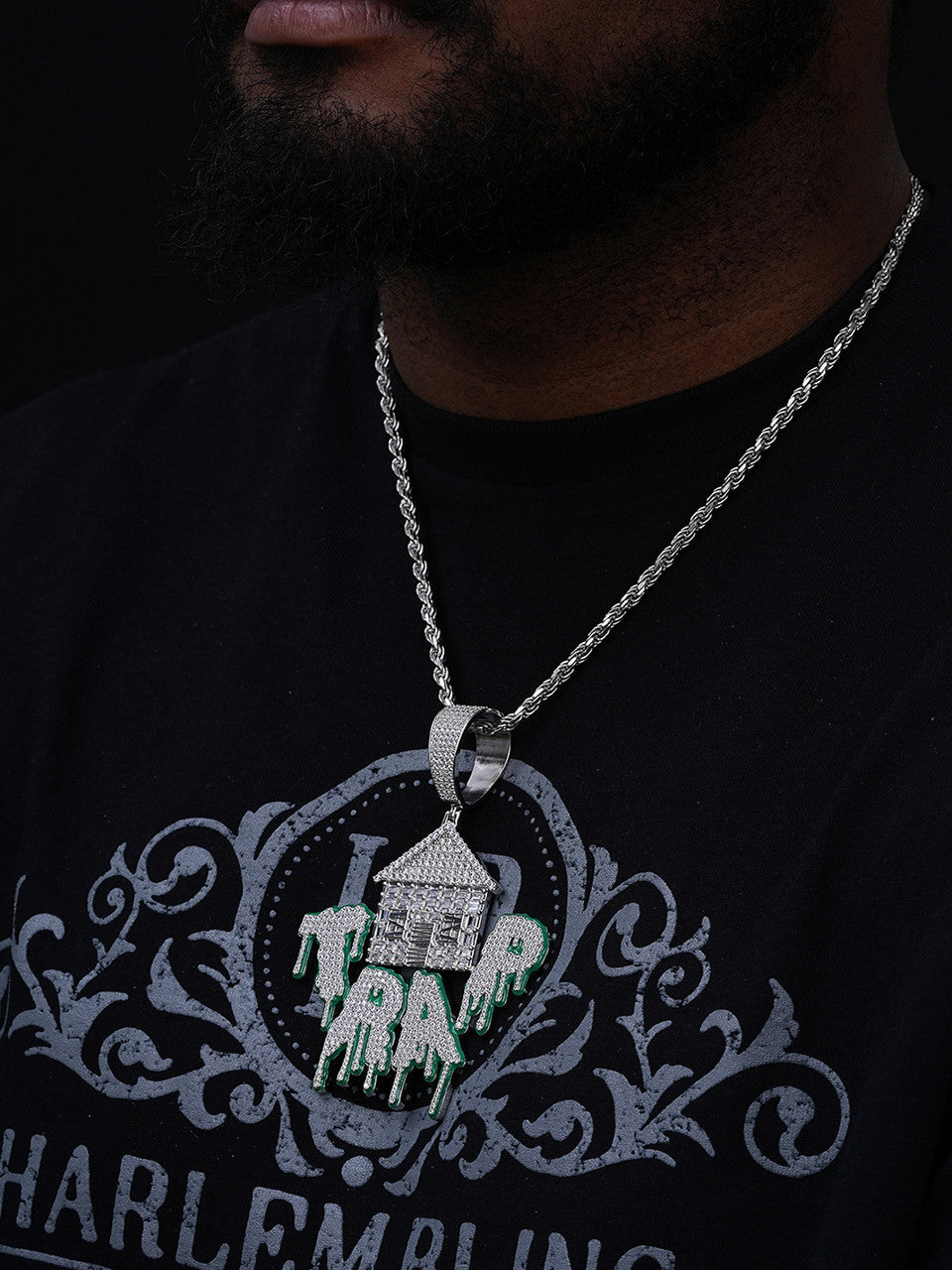 Glow In Dark HOUSE TRAP Hip Hop Pendant - 14k Gold Vermeil Or 925 Silver - CZ Stones - Huge 4"