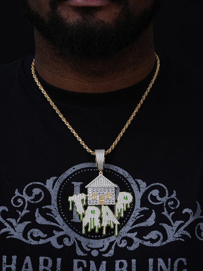 Glow In Dark HOUSE TRAP Hip Hop Pendant - 14k Gold Vermeil Or 925 Silver - CZ Stones - Huge 4"