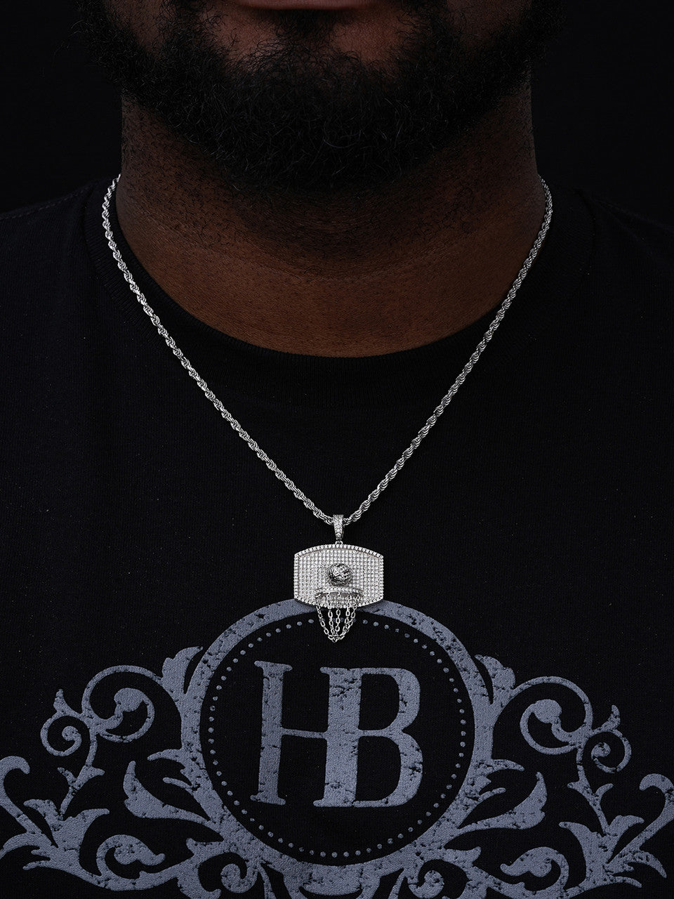 Basketball W. Hoop Iced Out Pendant - 14k Gold Vermeil Or 925 Silver - CZ Stones - Medium 1.75"