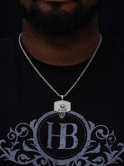 Basketball W. Hoop Iced Out Pendant - 14k Gold Vermeil Or 925 Silver - CZ Stones - Medium 1.75"