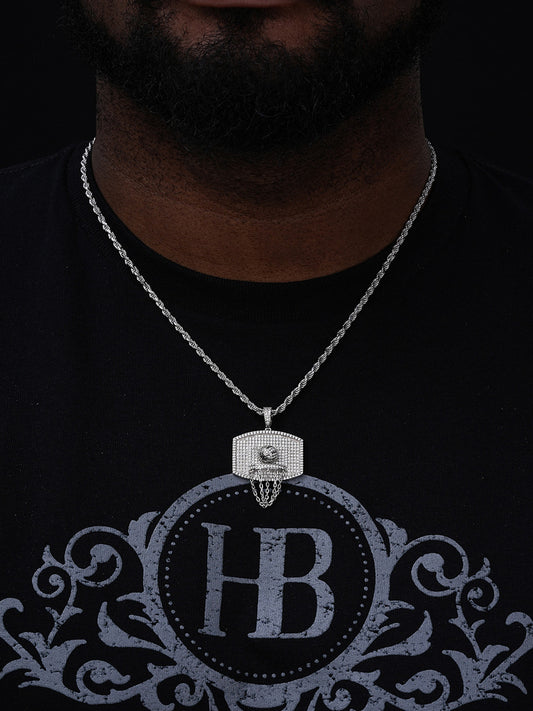 Basketball W. Hoop Iced Out Pendant - 14k Gold Vermeil Or 925 Silver - CZ Stones - Medium 1.75"