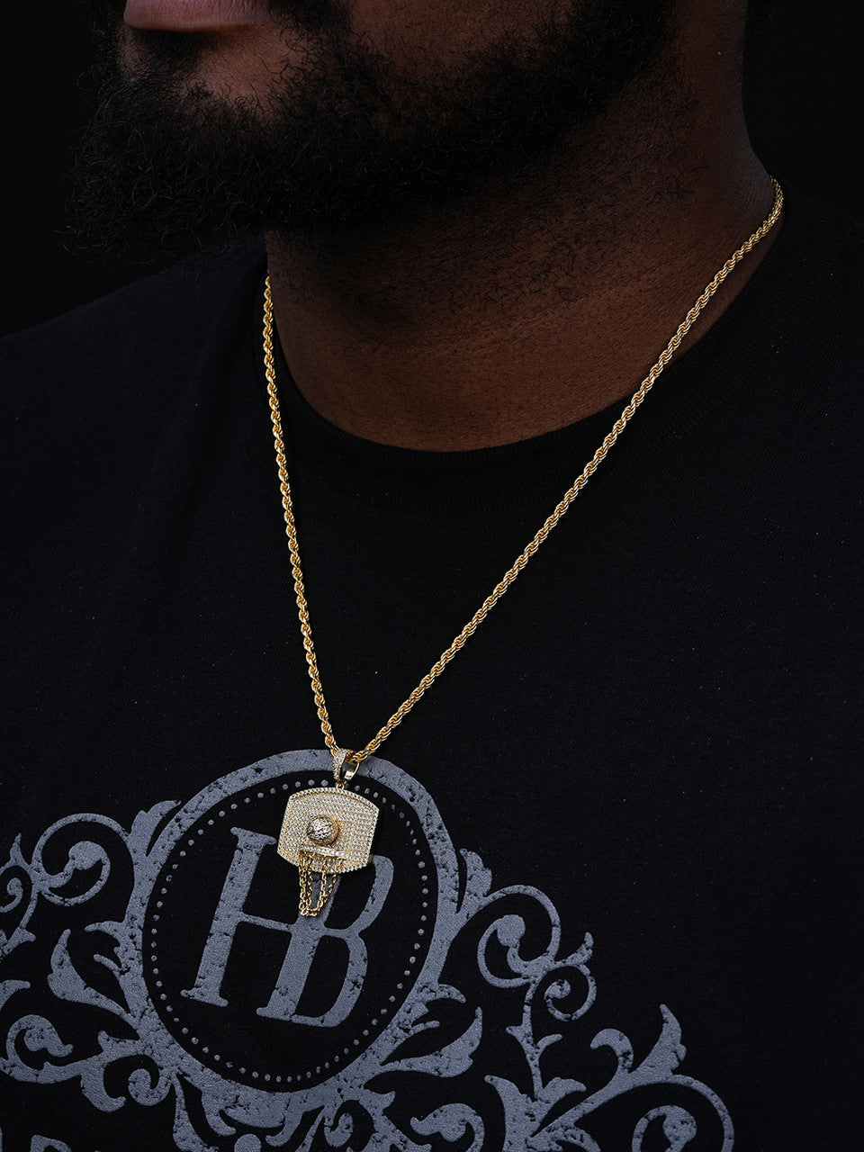 Basketball W. Hoop Iced Out Pendant - 14k Gold Vermeil Or 925 Silver - CZ Stones - Medium 1.75"