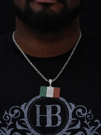 Mexican Flag Iced Out Pendant - 14k Gold Vermeil Or 925 Silver - CZ Stones - Medium 1.75"