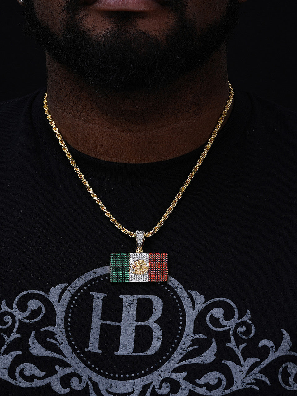 Mexican Flag Iced Out Pendant - 14k Gold Vermeil Or 925 Silver - CZ Stones - Medium 1.75"