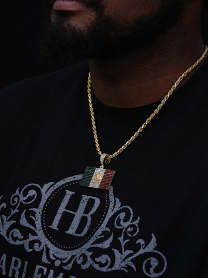 Mexican Flag Iced Out Pendant - 14k Gold Vermeil Or 925 Silver - CZ Stones - Medium 1.75"