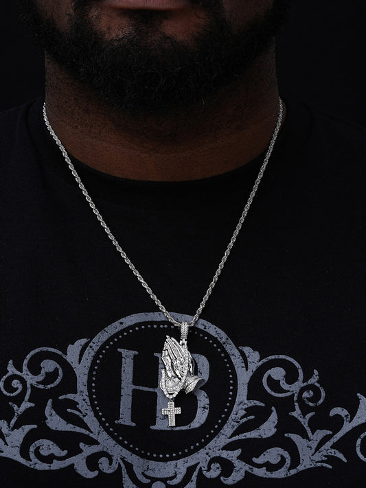 MOISSANITE Praying Hands Cross Pendant - 14k Gold Vermeil Or 925 Silver - Large 3"