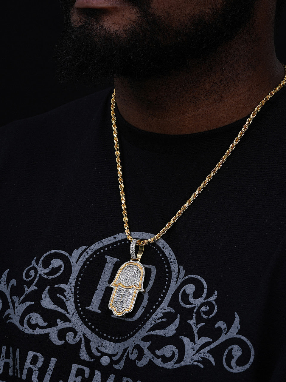 Mens Holy Land Hamsa Hand Pendant - 14k Gold Vermeil Or 925 Silver - Large 2.5"