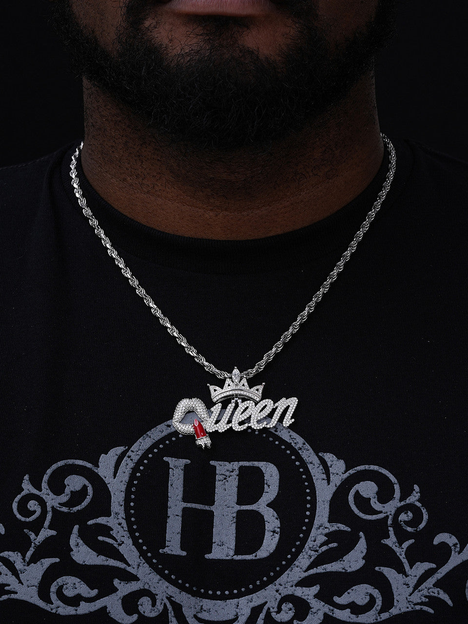 MOISSANITE Queen W. Crown & Lipstick Iced Out Pendant - 14k Yellow/Rose Gold Vermeil or 925 Silver - Large 2.5"