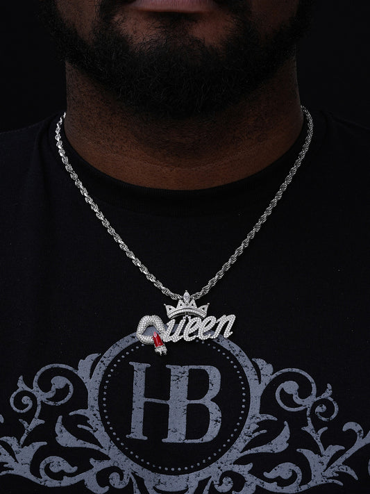 MOISSANITE Queen W. Crown & Lipstick Iced Out Pendant - 14k Yellow/Rose Gold Vermeil or 925 Silver - Large 2.5"