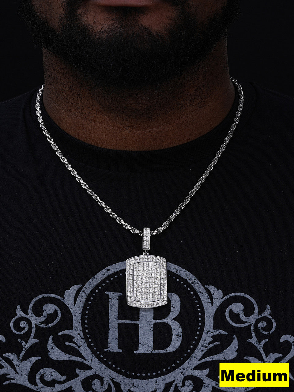 Dog Tag Iced Out Pendant - 925 Silver - CZ Stones - 3 Sizes 1.5"-3.5"