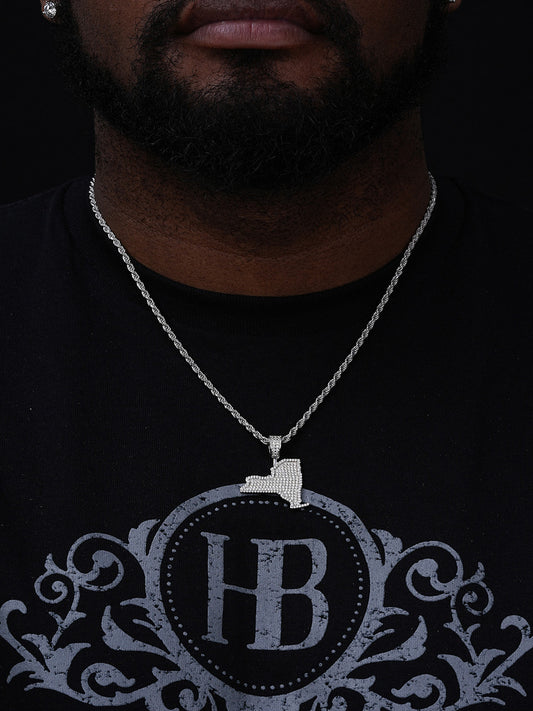 New York State Shape Iced Out Pendant - 14k Gold Vermeil or 925 Silver - CZ Stones - Small 1.5"