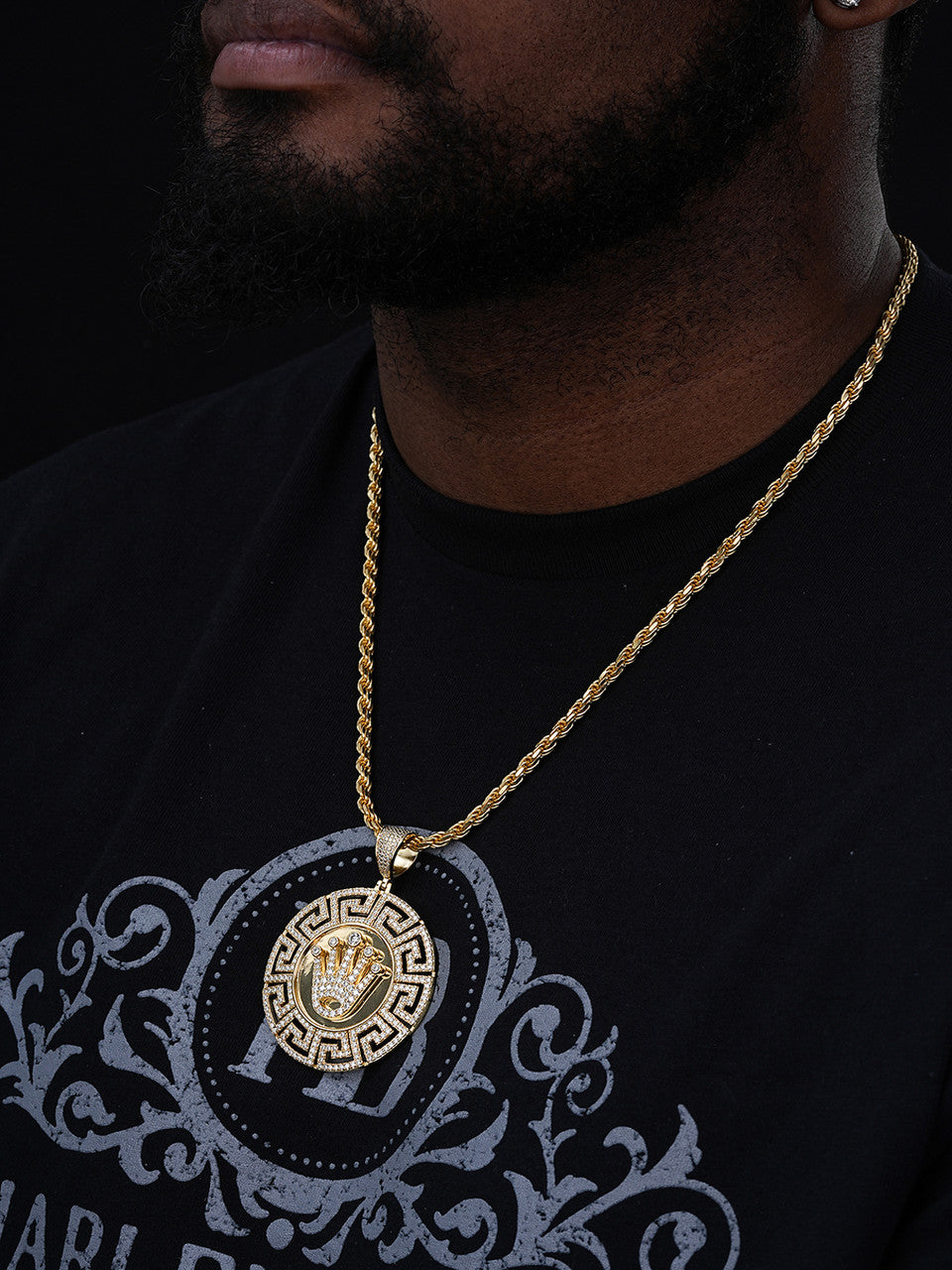 MOISSANITE Diamond King Crown Medallion Pendant - 14k Gold Vermeil Or 925 Silver - Large 2.5"