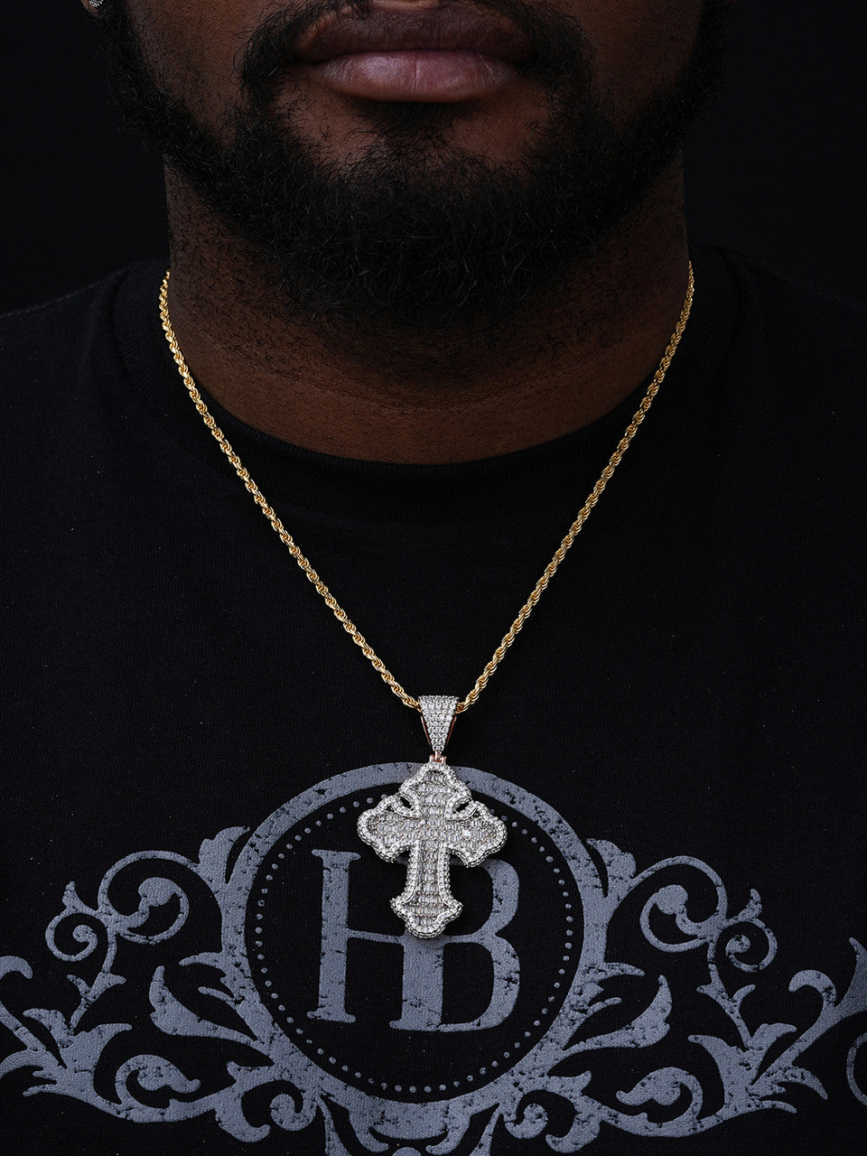 MOISSANITE Baguette Gothic Tupac Cross Pendant - 14k Gold Vermeil 925 Silver - 3 Sizes 1.5"-2.75"