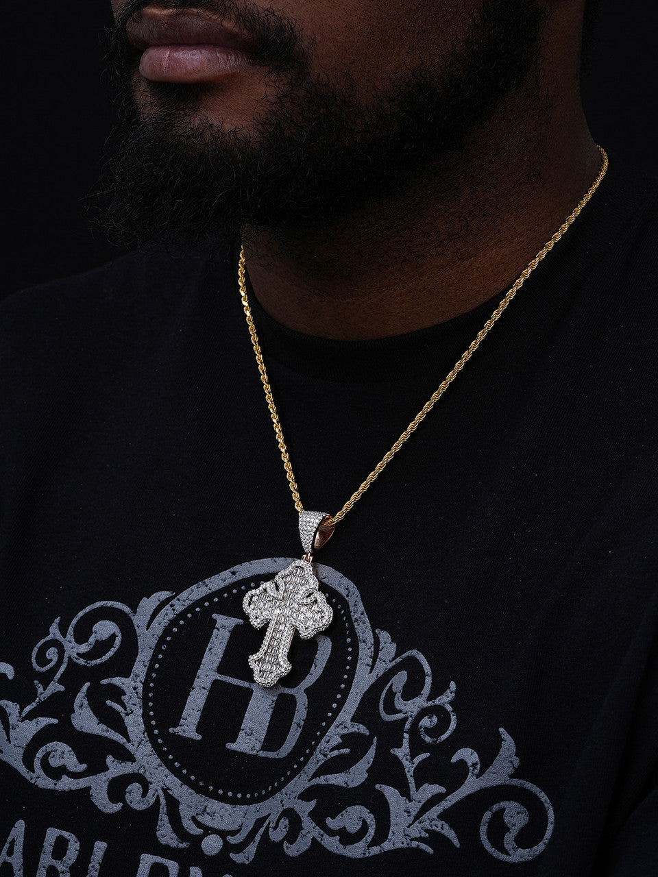 MOISSANITE Baguette Gothic Tupac Cross Pendant - 14k Gold Vermeil 925 Silver - 3 Sizes 1.5"-2.75"