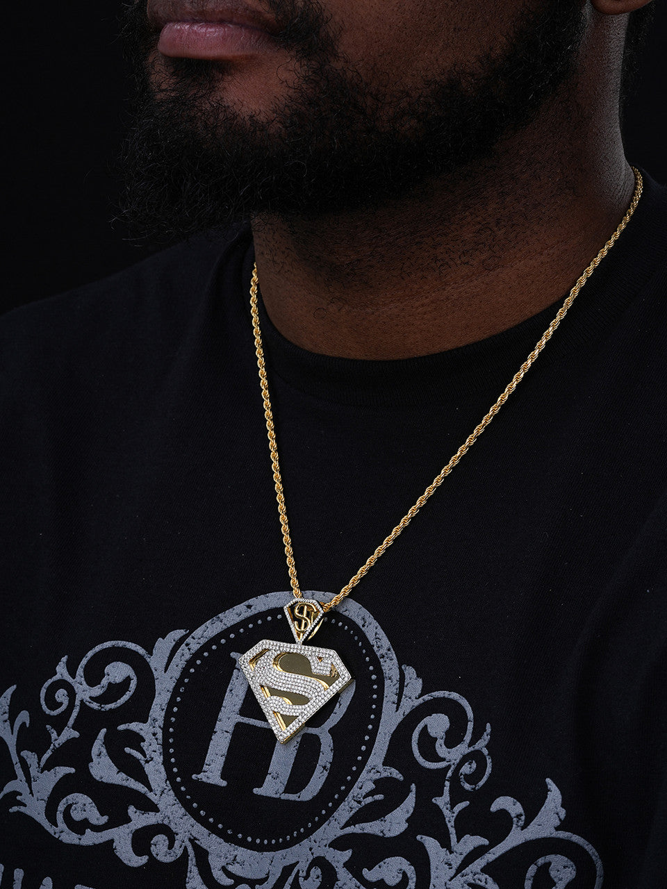 MOISSANITE SUPERMAN Superhero Pendant - 14k Gold Vermeil Or 925 Silver - Medium 2"