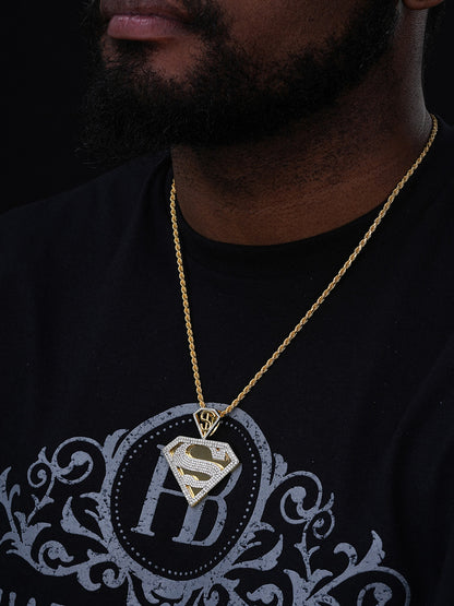 MOISSANITE SUPERMAN Superhero Pendant - 14k Gold Vermeil Or 925 Silver - Medium 2"