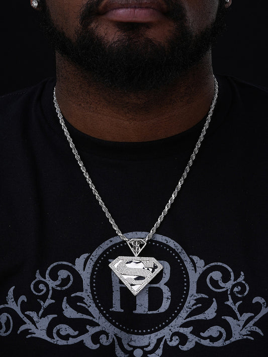 MOISSANITE SUPERMAN Superhero Pendant - 14k Gold Vermeil Or 925 Silver - Medium 2"