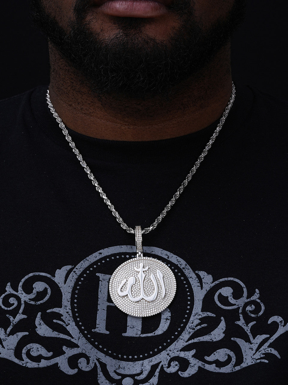 MOISSANITE Allah Medallion Arabic Iced Out Pendant - 14k Gold Vermeil Or 925 Silver - Large 2.75"